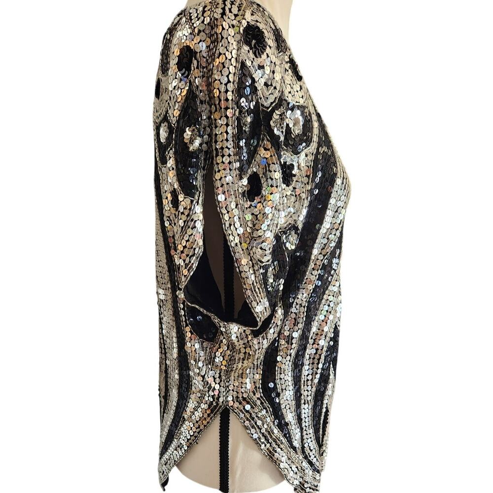 Vintage Sequin Black Silver Disco Art Deco Peacock V Neck Blouse Top Shirt - Picture 7 of 9